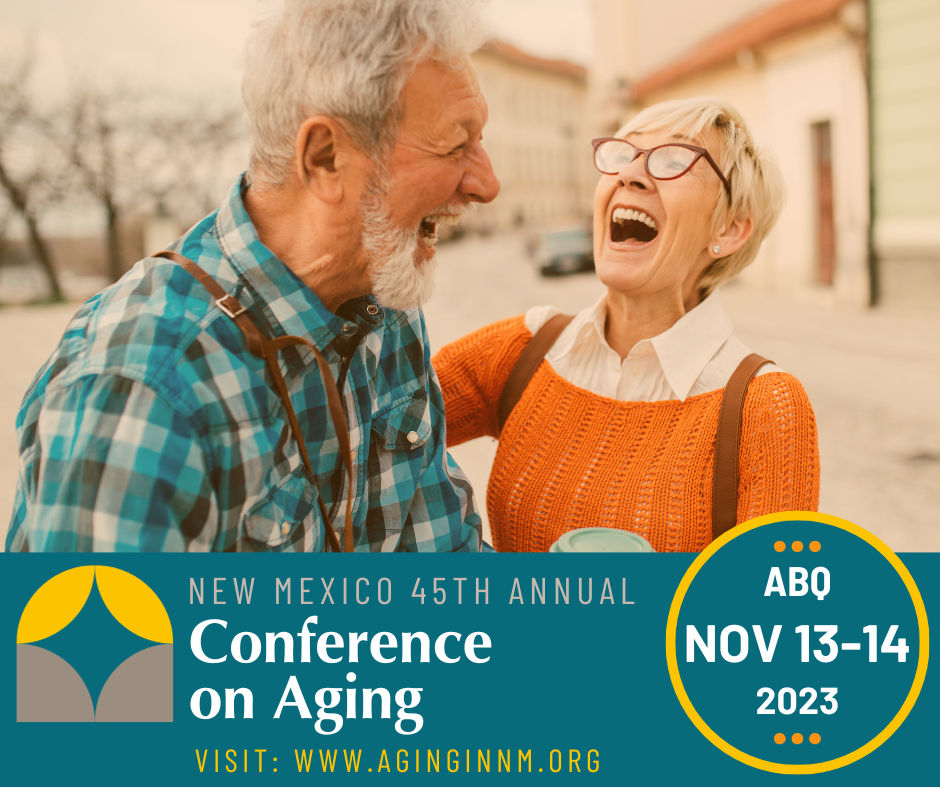Social media graphic of two laughing older adults with the conference dates, November 13 and 14, 2023